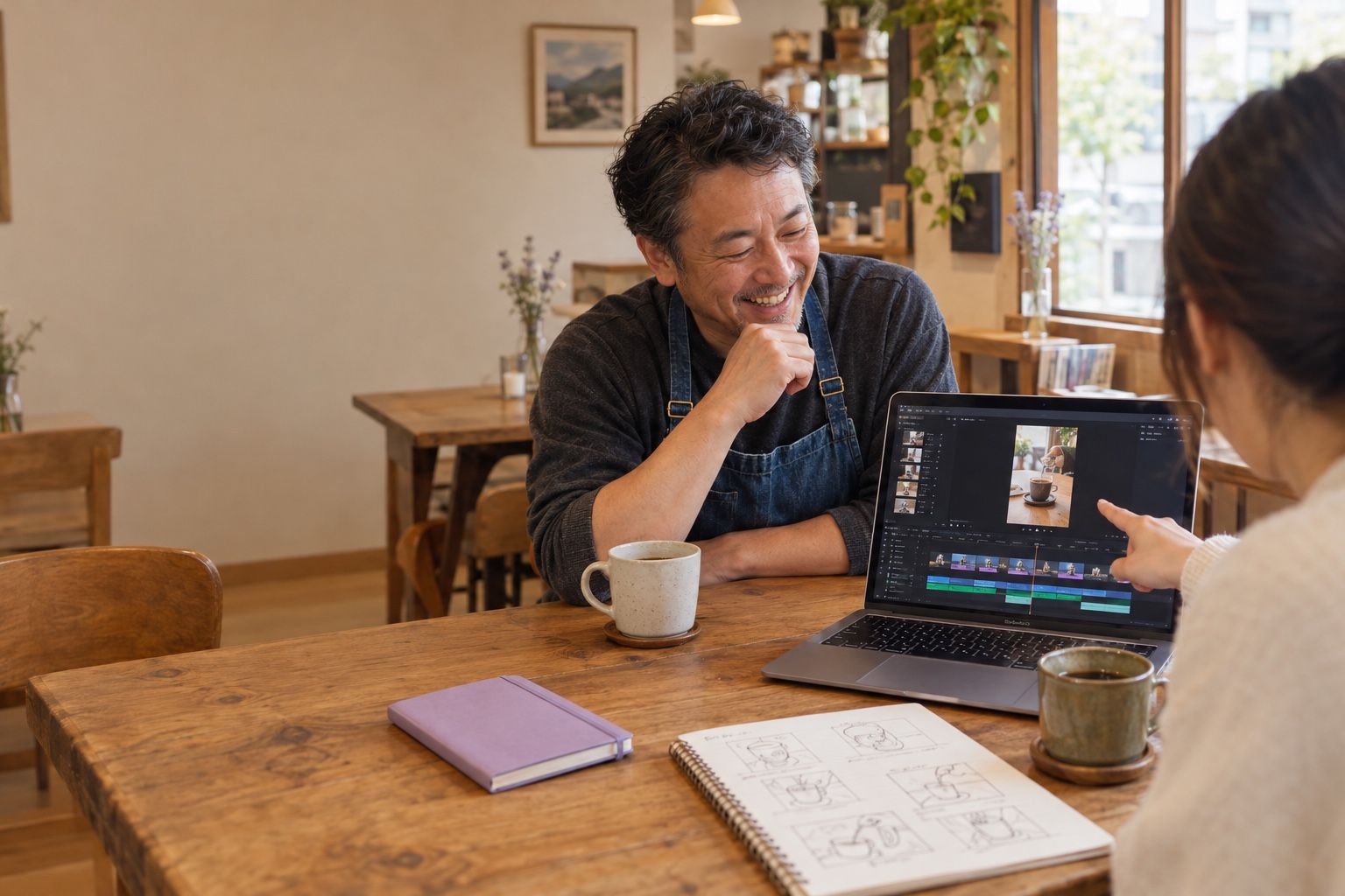 カフェの店主が、テーブルのノートパソコンに映る縦の動画の編集画面を見て笑っている場面